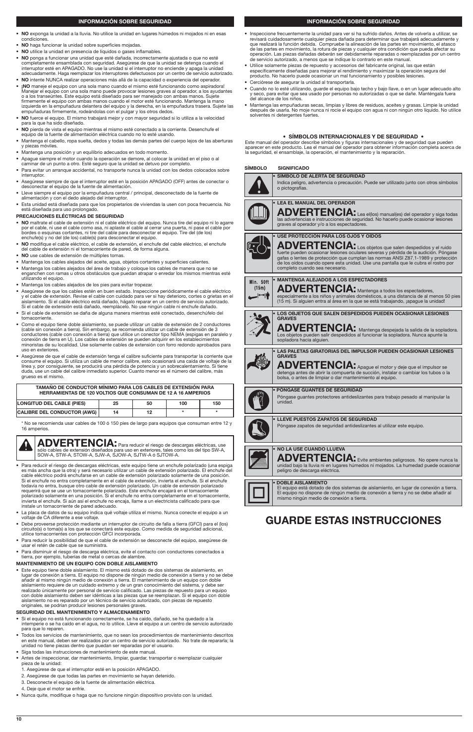 Advertencia, Guarde estas instrucciones | Troy-Bilt TB197BV User Manual | Page 10 / 16