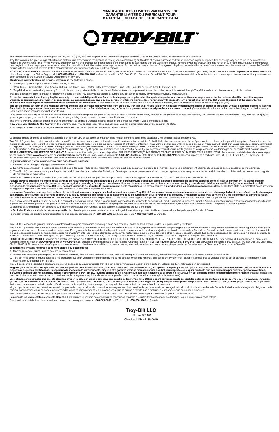 Troy-bilt llc | Troy-Bilt TB197BV User Manual | Page 16 / 16