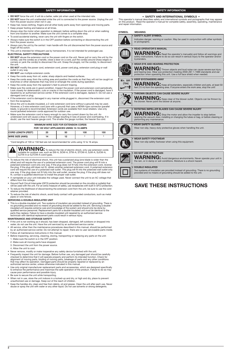 Warning, Save these instructions | Troy-Bilt TB197BV User Manual | Page 2 / 16