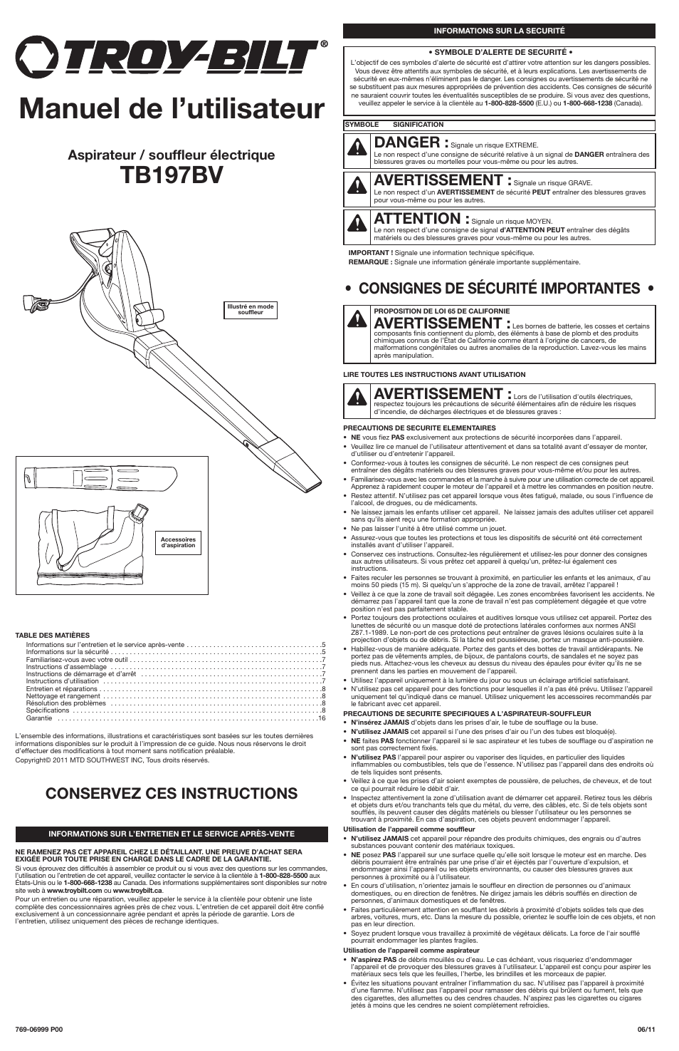 Manuel de l’utilisateur, Tb197bv, Consignes de sécurité importantes | Danger, Avertissement, Attention, Conservez ces instructions, Aspirateur / souffleur électrique | Troy-Bilt TB197BV User Manual | Page 5 / 16