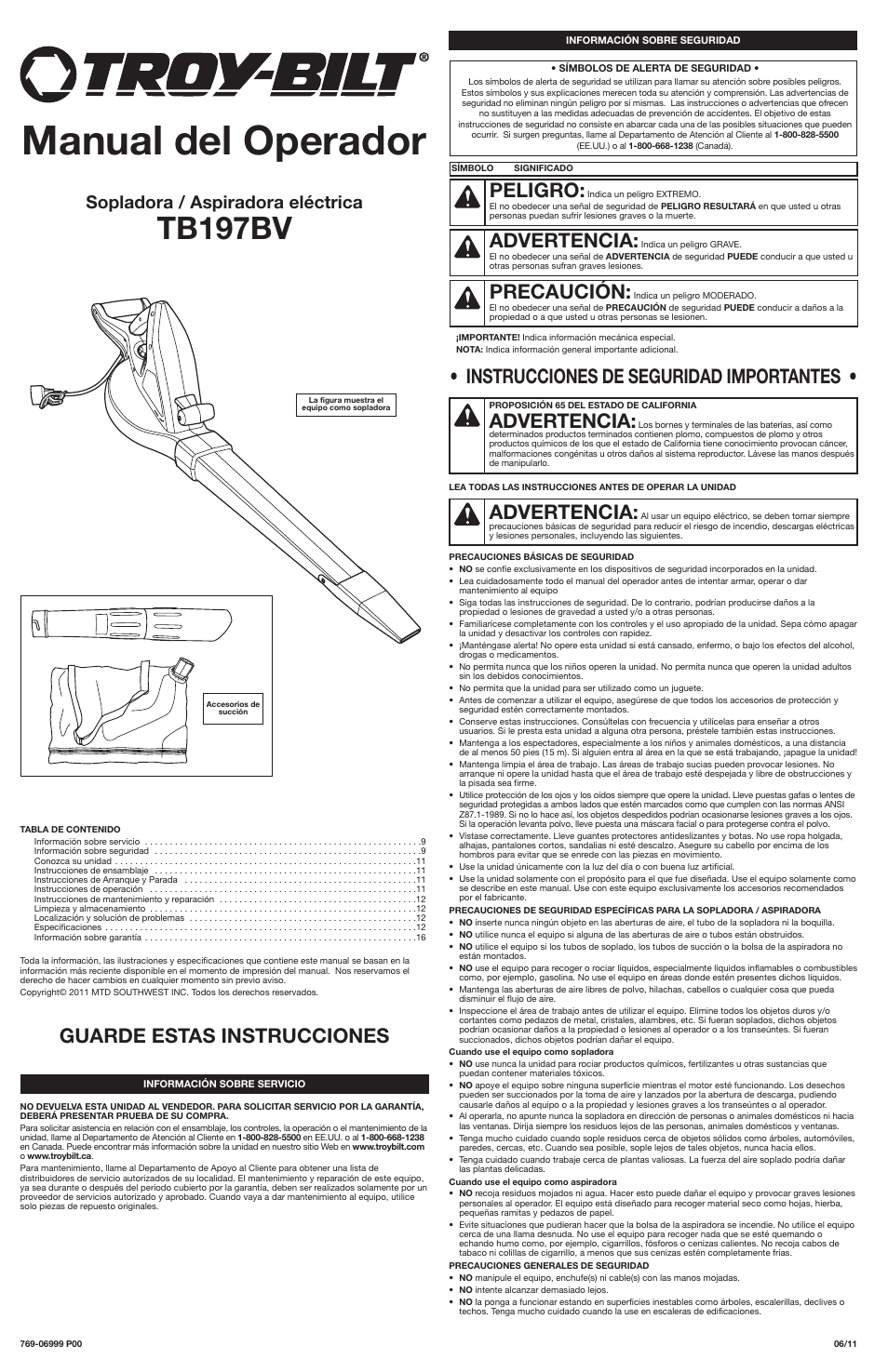 Manual del operador, Tb197bv, Instrucciones de seguridad importantes | Peligro, Advertencia, Precaución, Guarde estas instrucciones, Sopladora / aspiradora eléctrica | Troy-Bilt TB197BV User Manual | Page 9 / 16
