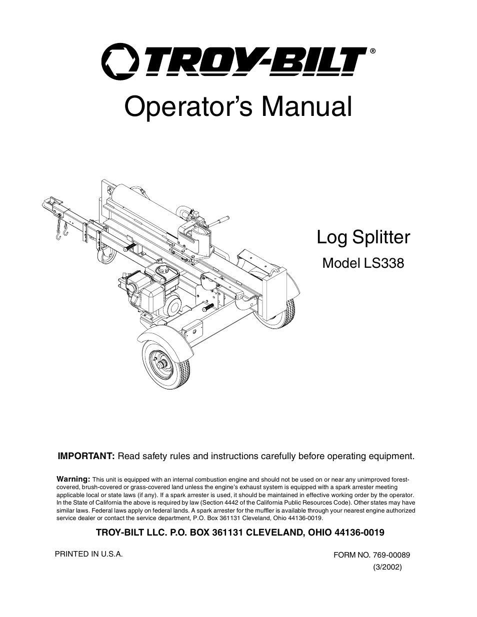 Troy-Bilt LS338 User Manual | 18 pages