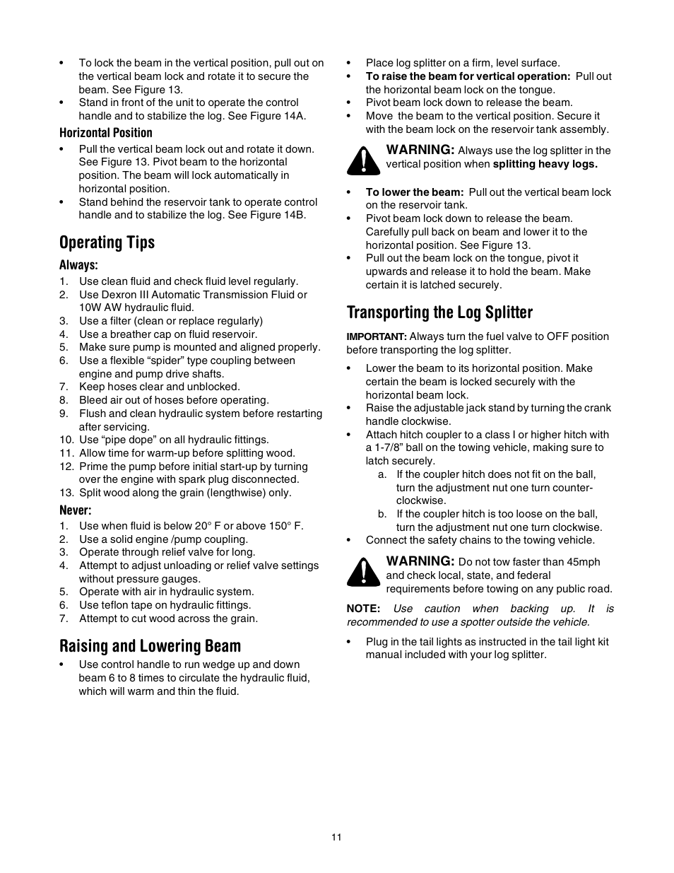 Operating tips, Raising and lowering beam, Transporting the log splitter | Troy-Bilt LS338 User Manual | Page 11 / 18