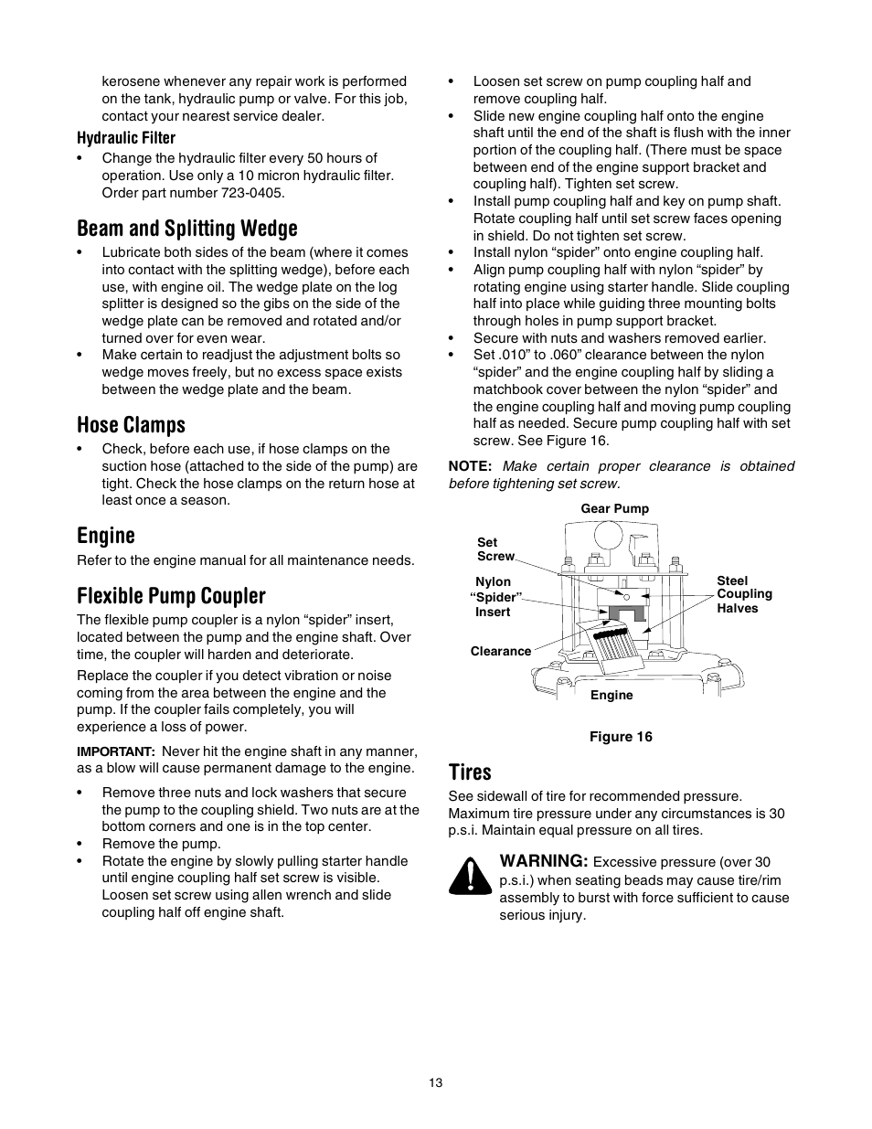 Beam and splitting wedge, Hose clamps, Engine | Flexible pump coupler, Tires | Troy-Bilt LS338 User Manual | Page 13 / 18