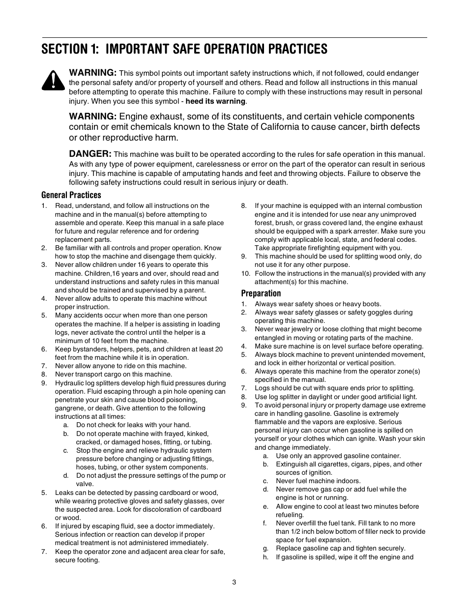 General practices, Preparation, Warning | Troy-Bilt LS338 User Manual | Page 3 / 18