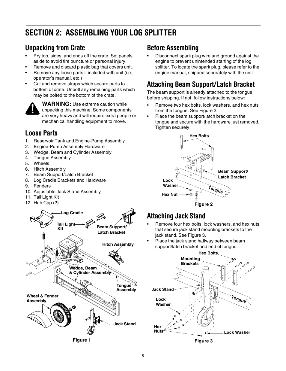 Unpacking from crate, Loose parts, Before assembling | Attaching beam support/latch bracket, Attaching jack stand | Troy-Bilt LS338 User Manual | Page 5 / 18