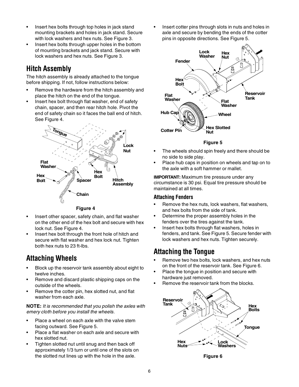 Hitch assembly, Attaching wheels, Attaching the tongue | Attaching fenders | Troy-Bilt LS338 User Manual | Page 6 / 18