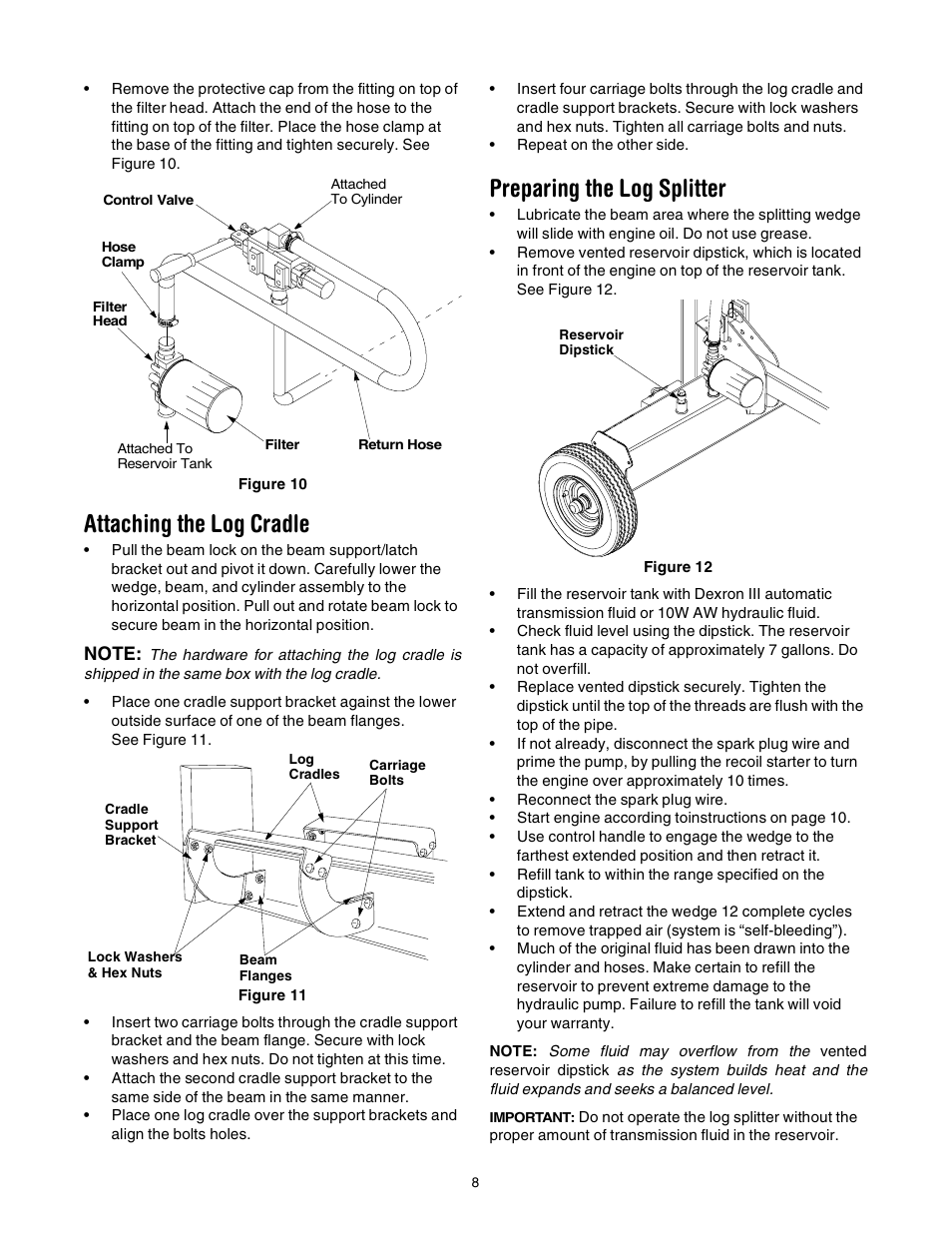 Attaching the log cradle, Preparing the log splitter | Troy-Bilt LS338 User Manual | Page 8 / 18