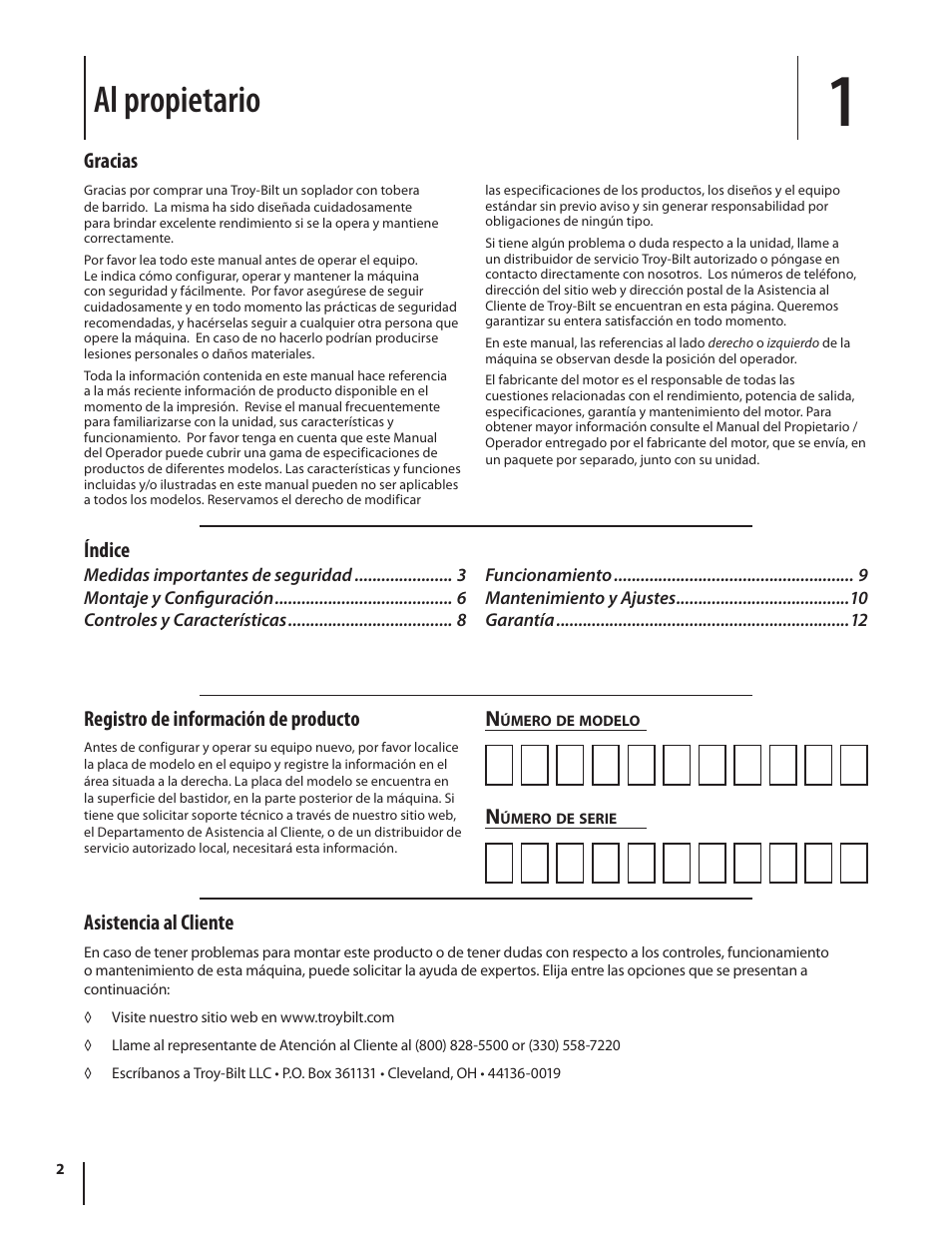 Al propietario, Índice asistencia al cliente, Gracias registro de información de producto | Troy-Bilt TB672 User Manual | Page 14 / 24