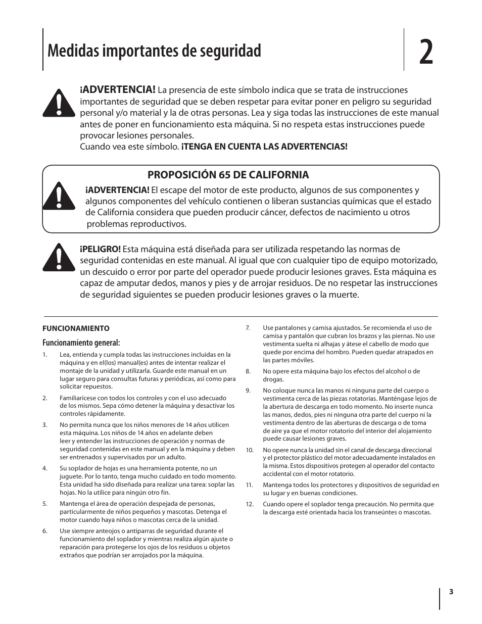Medidas importantes de seguridad, Advertencia, Proposición 65 de california | Troy-Bilt TB672 User Manual | Page 15 / 24
