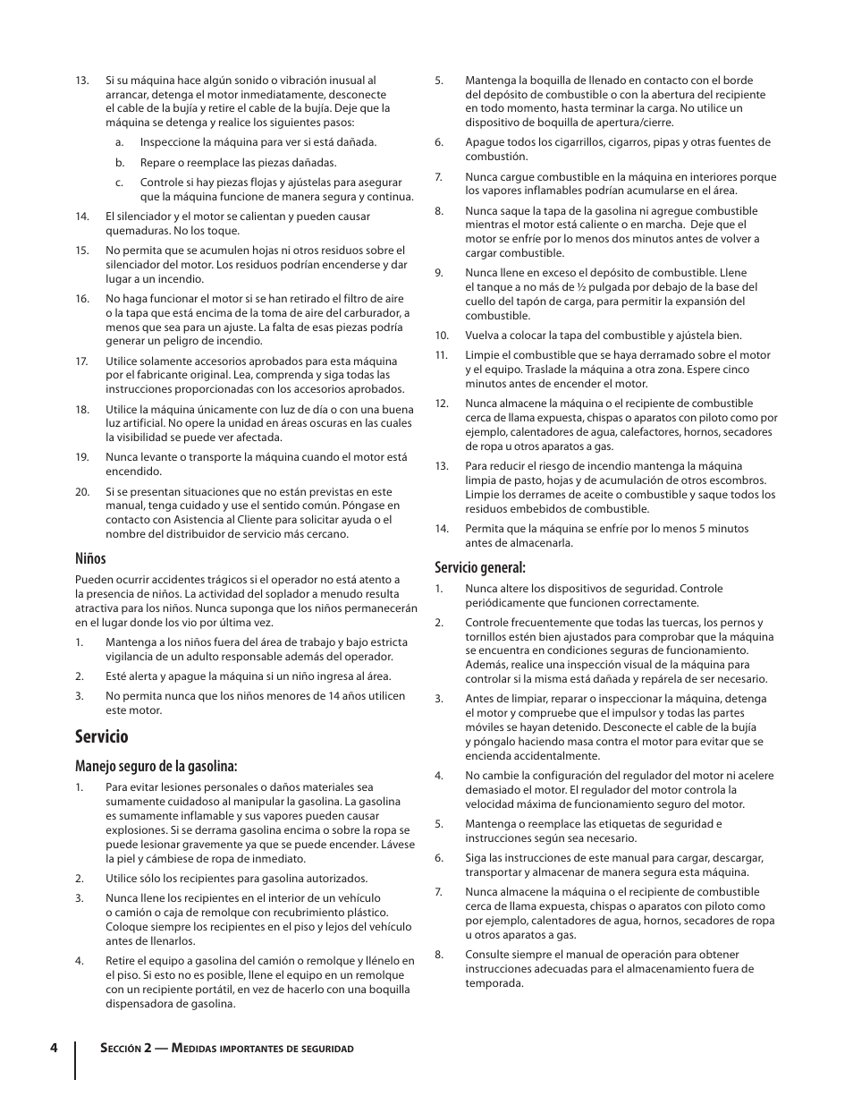 Servicio, Niños, Manejo seguro de la gasolina | Servicio general | Troy-Bilt TB672 User Manual | Page 16 / 24