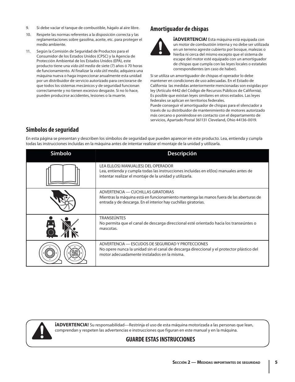Amortiguador de chispas, Guarde estas instrucciones símbolos de seguridad, Símbolo descripción | Troy-Bilt TB672 User Manual | Page 17 / 24