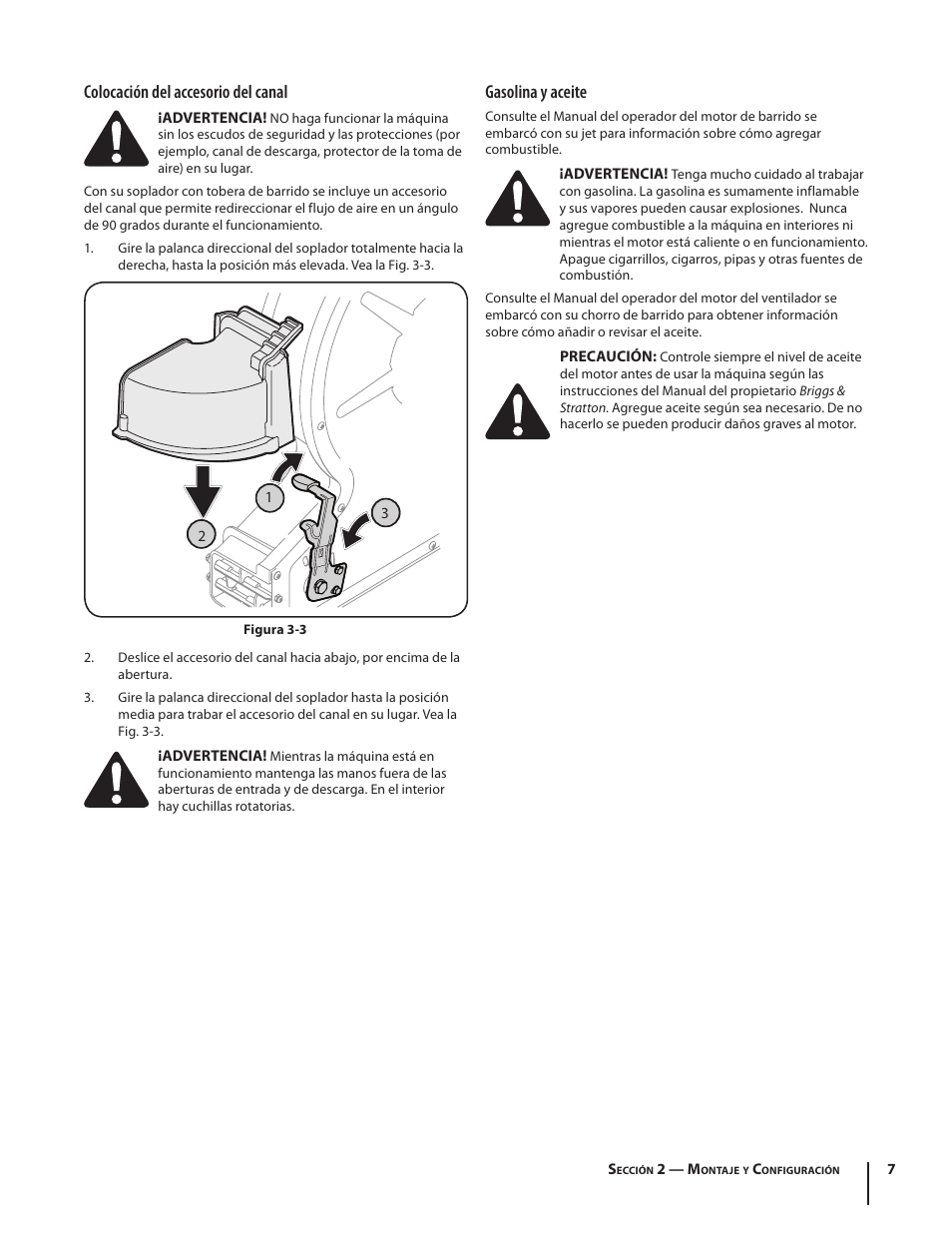 Colocación del accesorio del canal, Gasolina y aceite | Troy-Bilt TB672 User Manual | Page 19 / 24