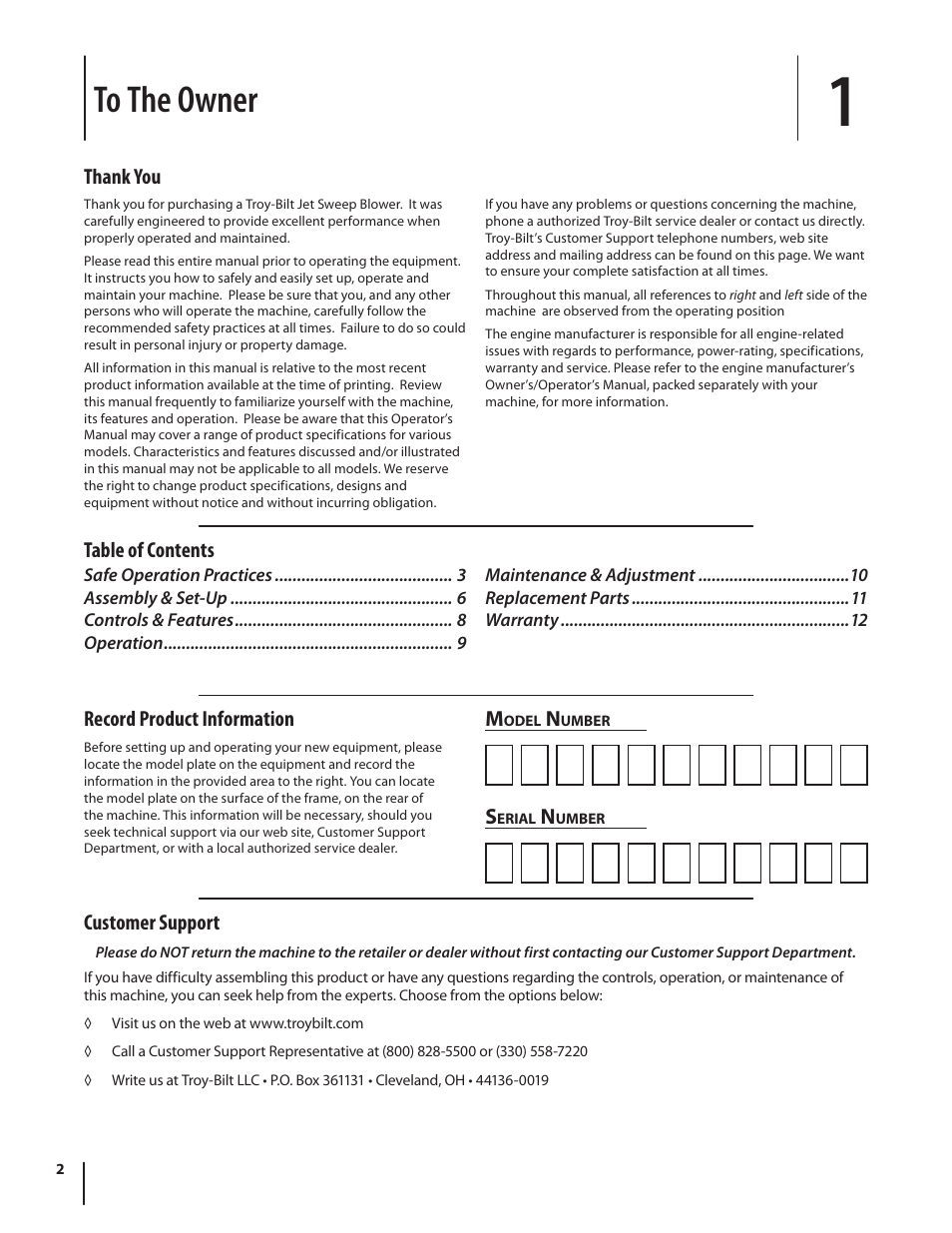 Table of contents customer support | Troy-Bilt TB672 User Manual | Page 2 / 24