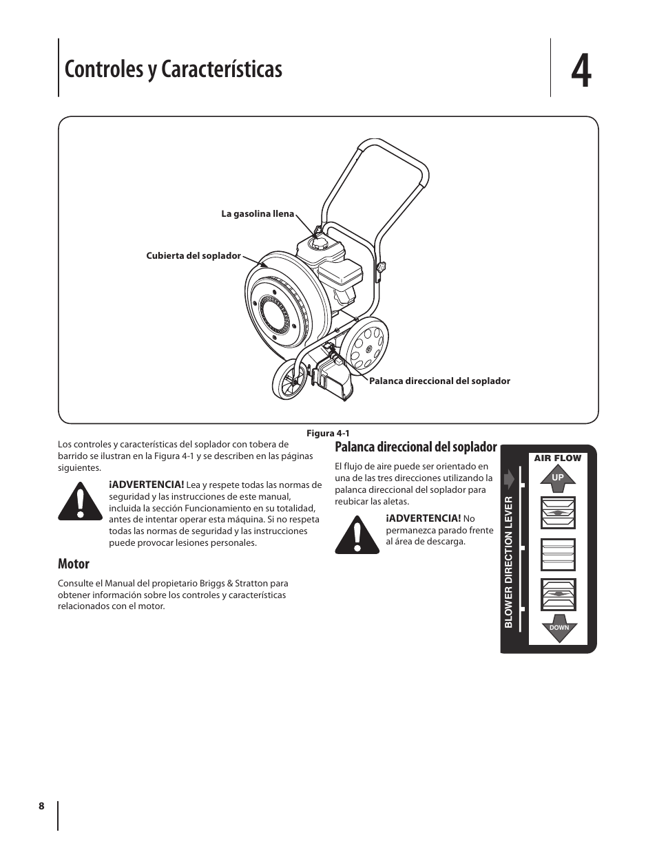 Controles y características, Motor, Palanca direccional del soplador | Troy-Bilt TB672 User Manual | Page 20 / 24