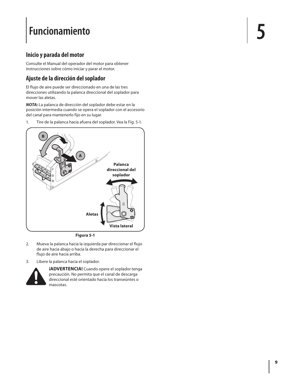 Funcionamiento, Inicio y parada del motor, Ajuste de la dirección del soplador | Troy-Bilt TB672 User Manual | Page 21 / 24