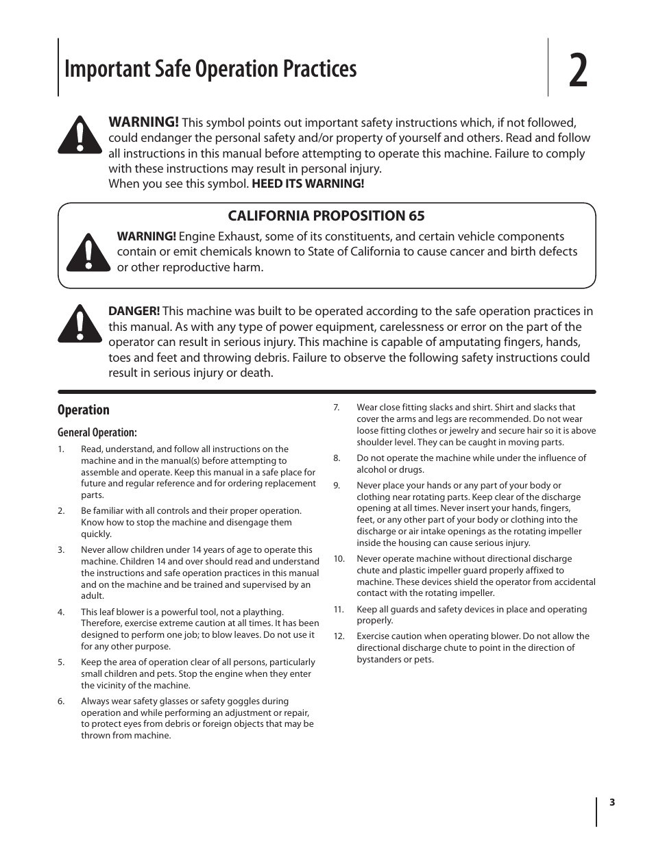 Important safe operation practices, Operation, Warning | California proposition 65 | Troy-Bilt TB672 User Manual | Page 3 / 24