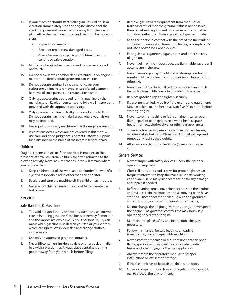 Service, Children, Safe handling of gasoline | General service | Troy-Bilt TB672 User Manual | Page 4 / 24