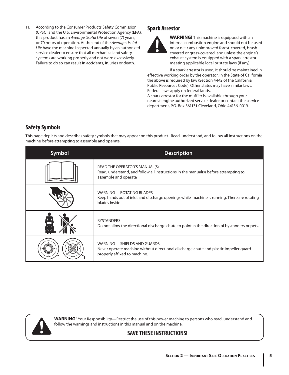 Spark arrestor, Save these instructions! safety symbols, Symbol description | Troy-Bilt TB672 User Manual | Page 5 / 24