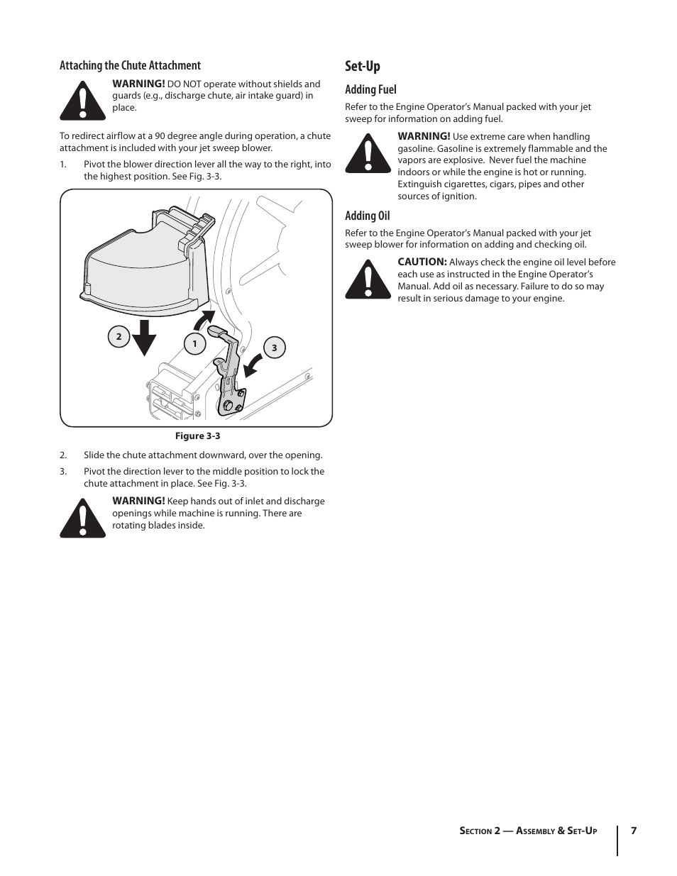 Set-up, Attaching the chute attachment, Adding fuel | Adding oil | Troy-Bilt TB672 User Manual | Page 7 / 24