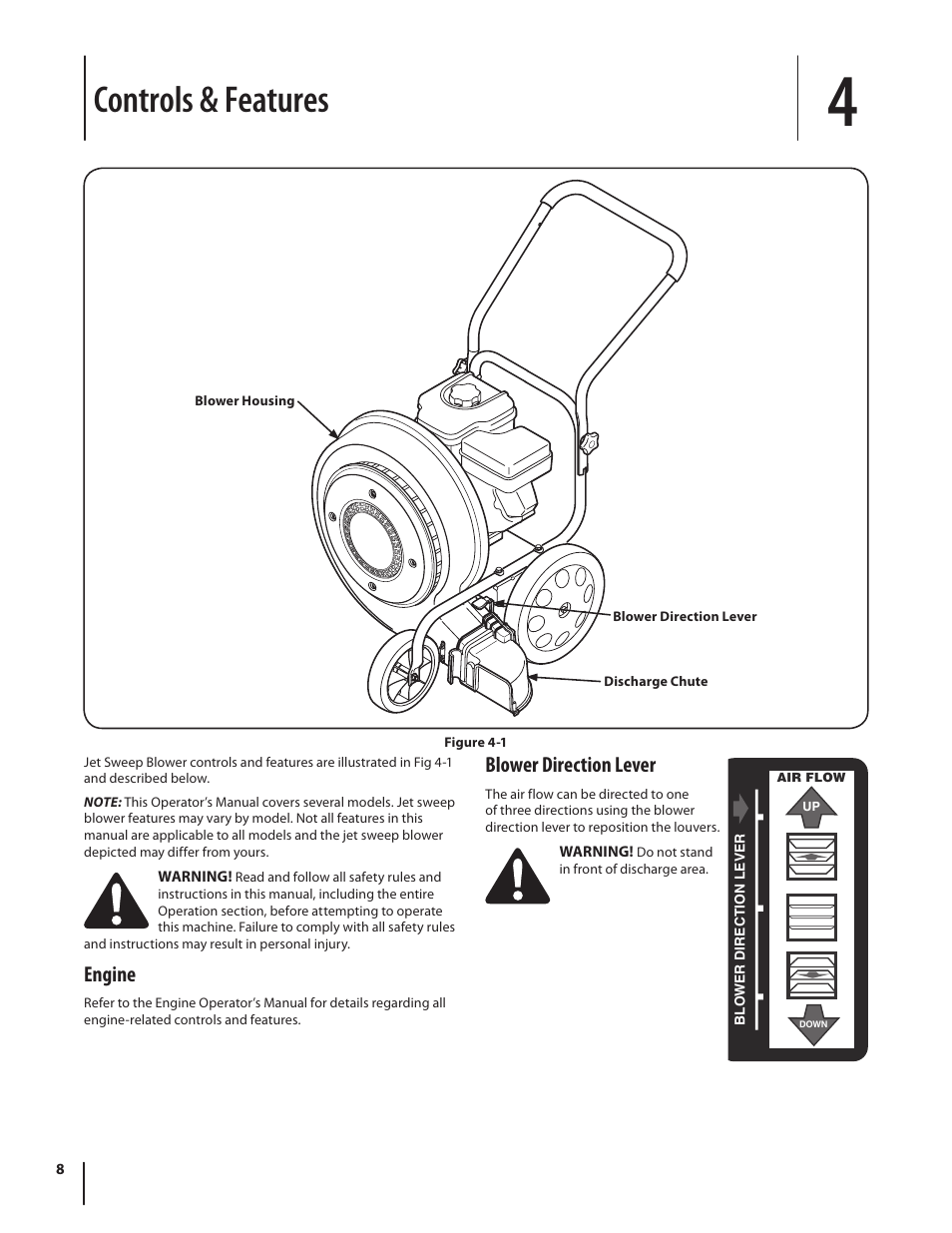 Controls & features, Engine, Blower direction lever | Troy-Bilt TB672 User Manual | Page 8 / 24