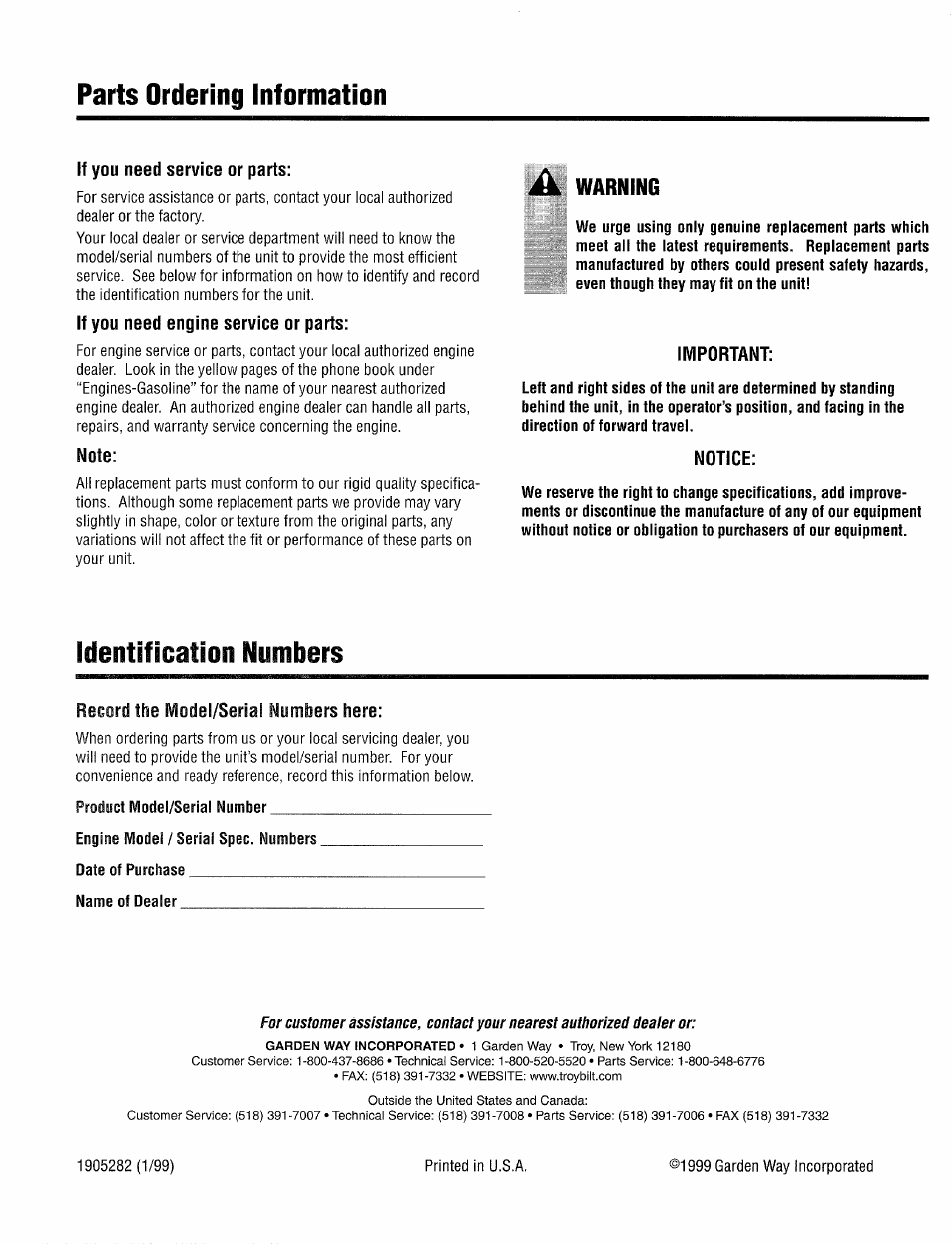 If you need service or parts, If you need engine service or parts, Note | Warning, Iwiportant, Notice, Record the model/seria! numbers here, Parts ordering information, Identification numbers | Troy-Bilt 12165 User Manual | Page 12 / 12