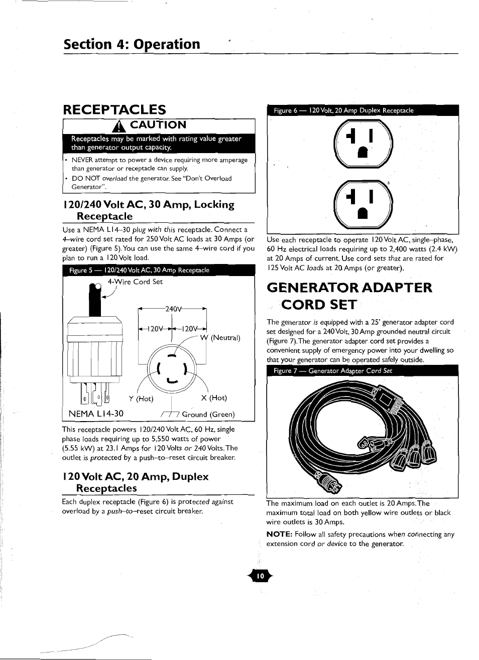 Section 4: operation, Receptacles, Generator adapter cord set | Caution, Nema li | Troy-Bilt 01919-1 User Manual | Page 10 / 34