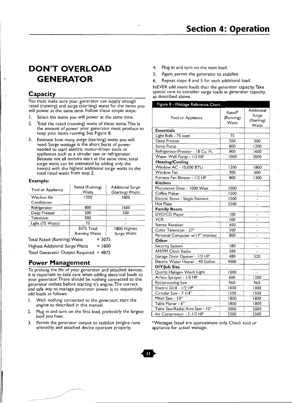 Section 4: operation, Don't overload generator, Capacity | Power management | Troy-Bilt 01919-1 User Manual | Page 11 / 34