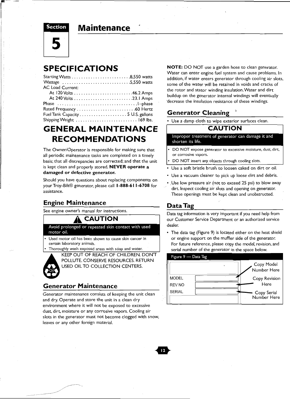 Maintenance specifications, General maintenance recommendations, Engine maintenance | Caution, Generator maintenance, Generator cleaning, Data tag | Troy-Bilt 01919-1 User Manual | Page 12 / 34