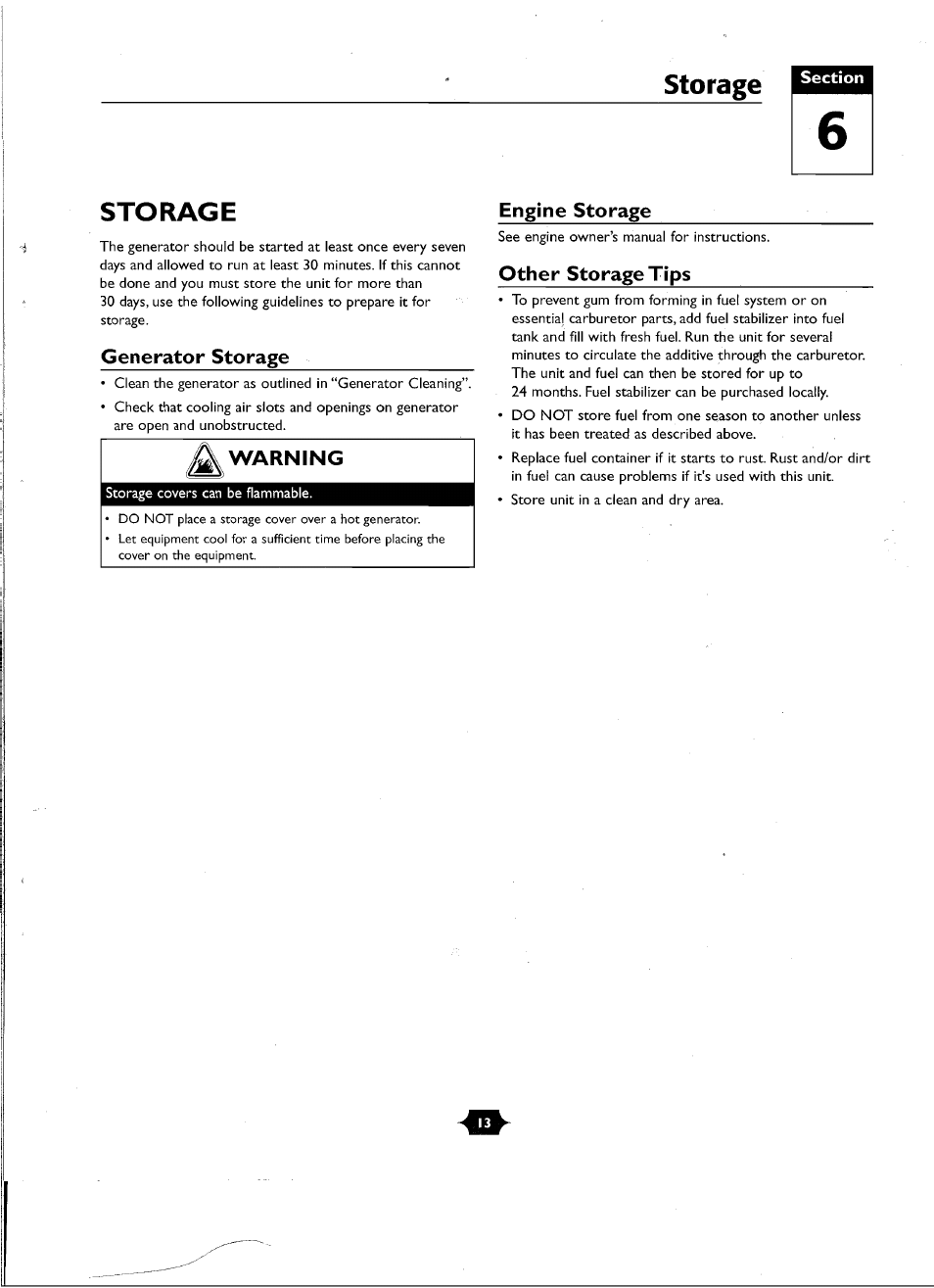 Storage, Generator storage, Warning | Engine storage, Other storage tips, Warning engine storage | Troy-Bilt 01919-1 User Manual | Page 13 / 34