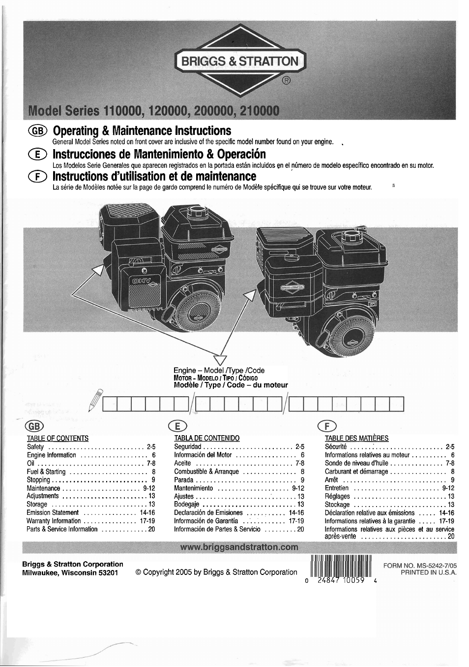 Ü) operating & maintenance instructions, Cd instrucciones de mantenimiento & operación, Cd instructions d’utilisation et de maintenance | Arrêt, Copyright 2005 by briggs & stratton corporation, Instrucciones de mantenimiento & operación, Instructions d’utilisation et de maintenance | Troy-Bilt 01919-1 User Manual | Page 16 / 34