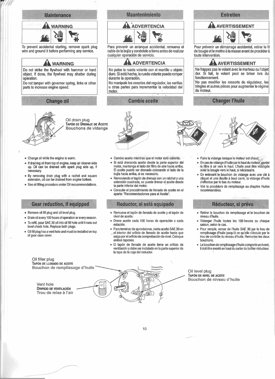 Maintenance, Change oil, Maantenimiento | Cambie aceite, Entretien, Chanjger i’huile, Change oil maantenimiento, Cambie aceite entretien, Warning, Advertencia | Troy-Bilt 01919-1 User Manual | Page 25 / 34