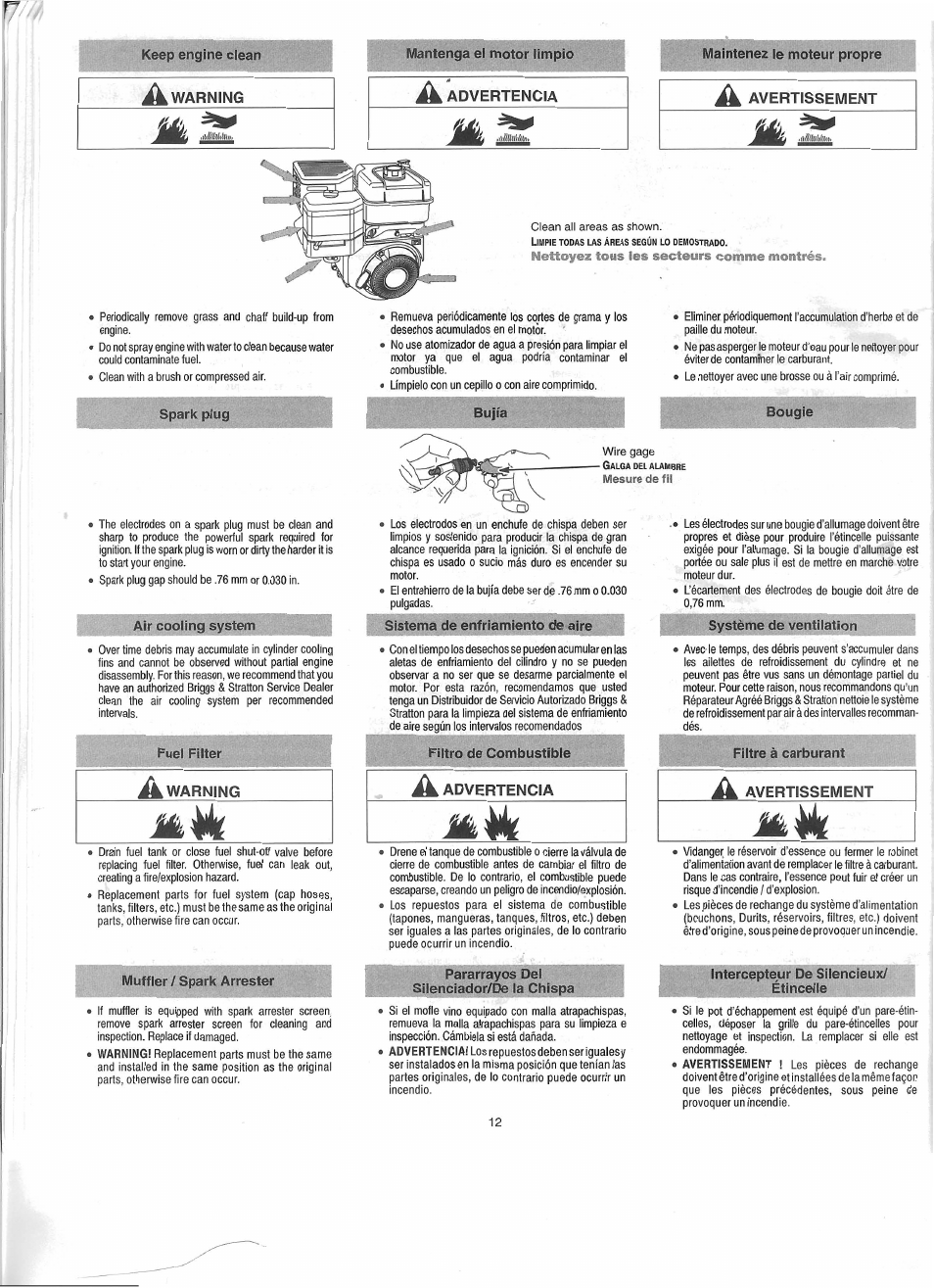 Üímí, Keep engine clean mantenga el motor limpio, Advertencia | Avertissement, Nettoyez tous les secteurs comme montrés, Spark plug i bujía bougie, Muffler / spark arrester, Pararrayos del silenciador/de la chispa, Intercepteur de silencieux/ étincelle | Troy-Bilt 01919-1 User Manual | Page 27 / 34