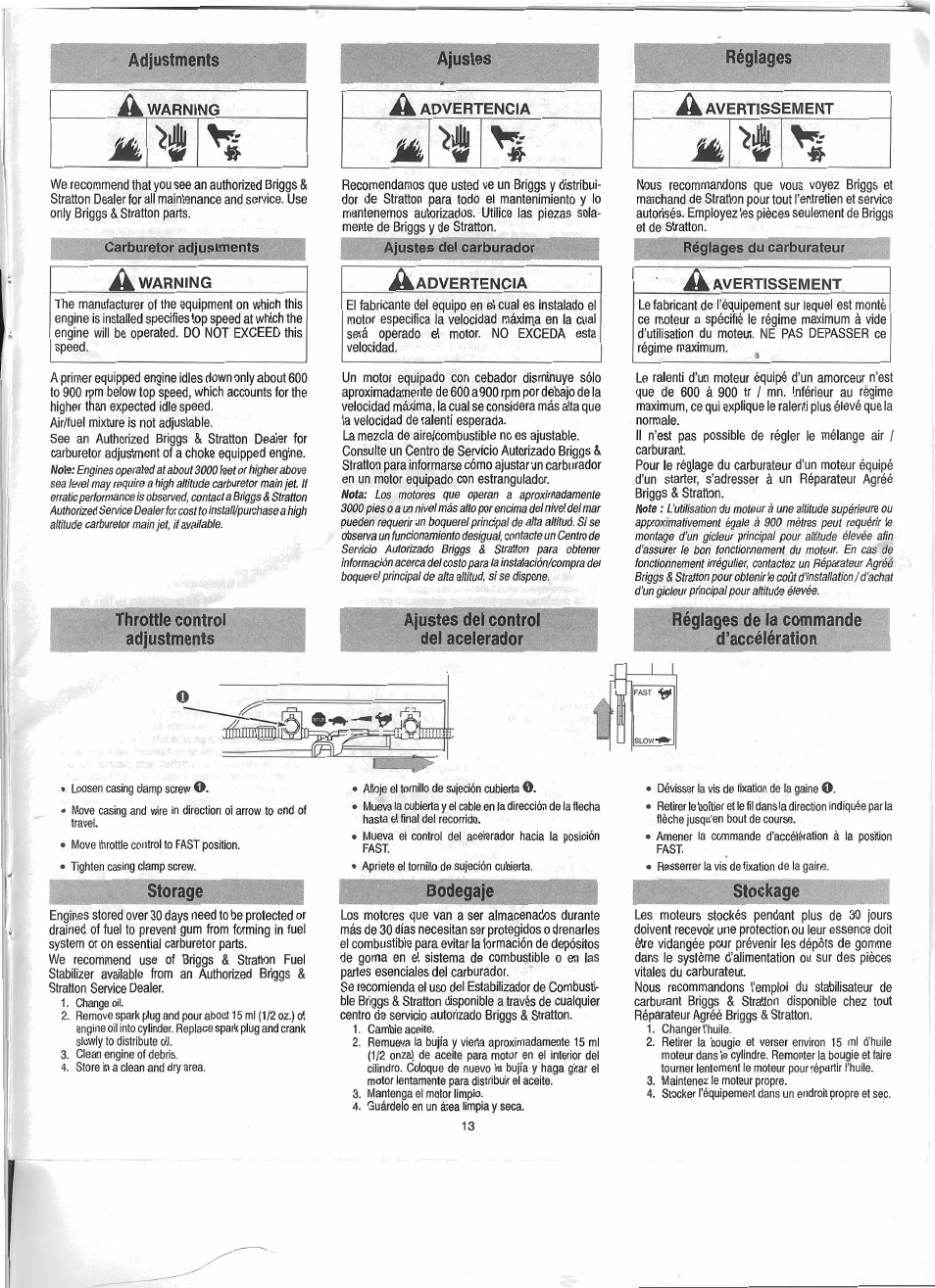 Adjustments ajustes réglages âk, Storage, Bodegaje stockage | Warni ng ü, Advertencia a avertissement, Advertencia, Avertissement | Troy-Bilt 01919-1 User Manual | Page 28 / 34