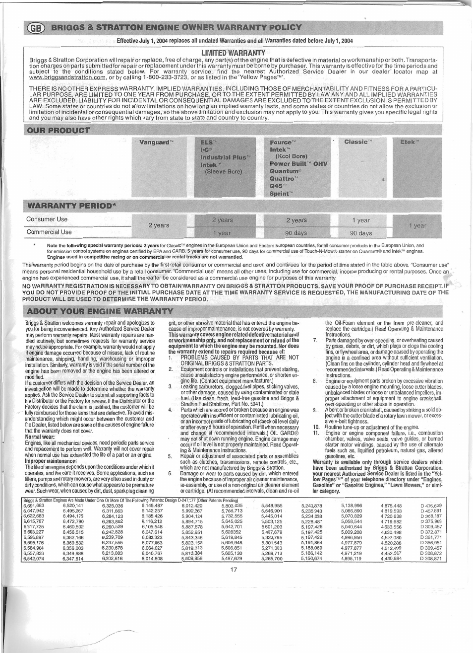 Briggs & stratton engine owner warranty policy, Our product, Warranty period | About your engine warranty, Limited warranty, Q45™ sprint | Troy-Bilt 01919-1 User Manual | Page 32 / 34