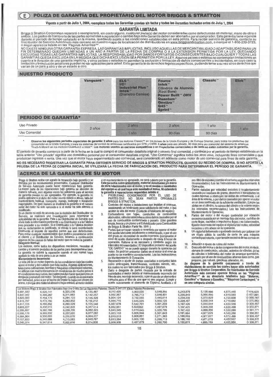 Industrial plus’” intek, Fource'“ intek, Nuestro producto | Periodo de garantia, Acerca de la garantia de su motor, Garantia limitada, Desgaste normal, Mantenimiento incorrecto, Vanguard