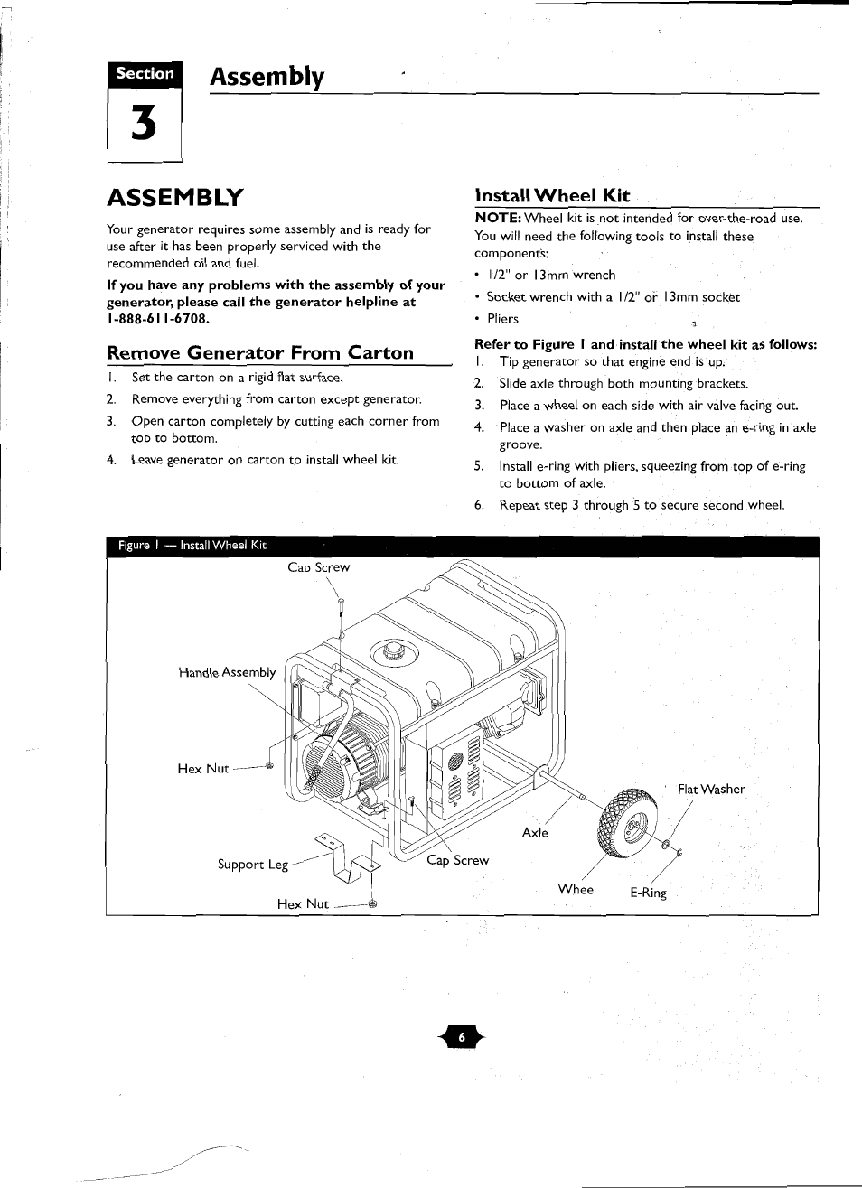 Assembly, Remove generator from carton, Install wheel kit | Assennbly -7, Assembly assembly | Troy-Bilt 01919-1 User Manual | Page 6 / 34