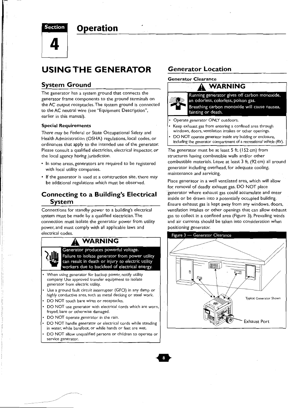 Using the generator, System ground, Connecting to a building’s electrical system | Generator location, Warning, Operation using the generator | Troy-Bilt 01919-1 User Manual | Page 8 / 34