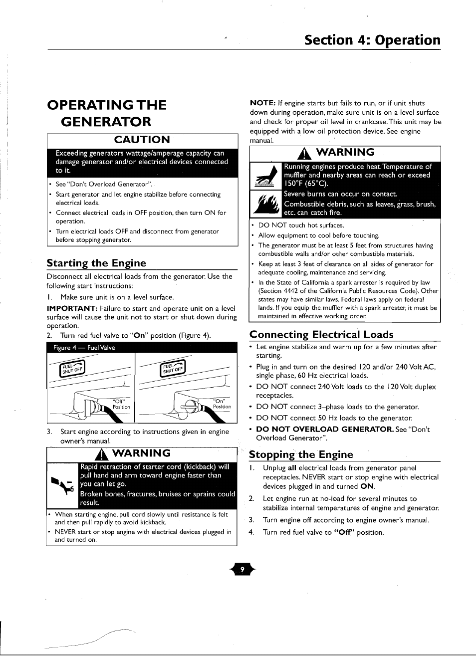 Section 4; operation, Operating the generator, Caution | Warning, Starting the engine, Connecting electrical loads, Stopping the engine | Troy-Bilt 01919-1 User Manual | Page 9 / 34
