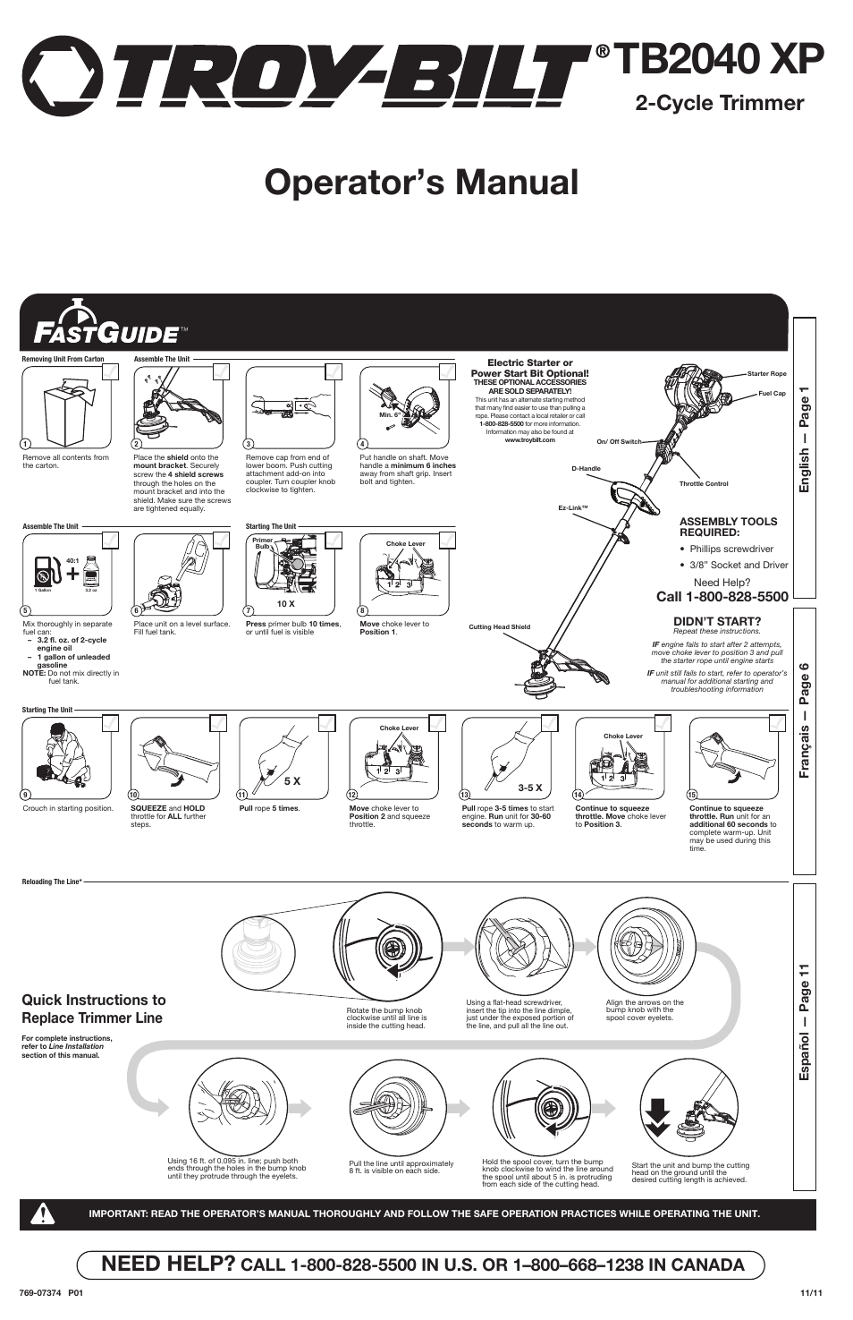 Troy-Bilt 2-Cycle Trimmer TB2040 XP User Manual | 16 pages