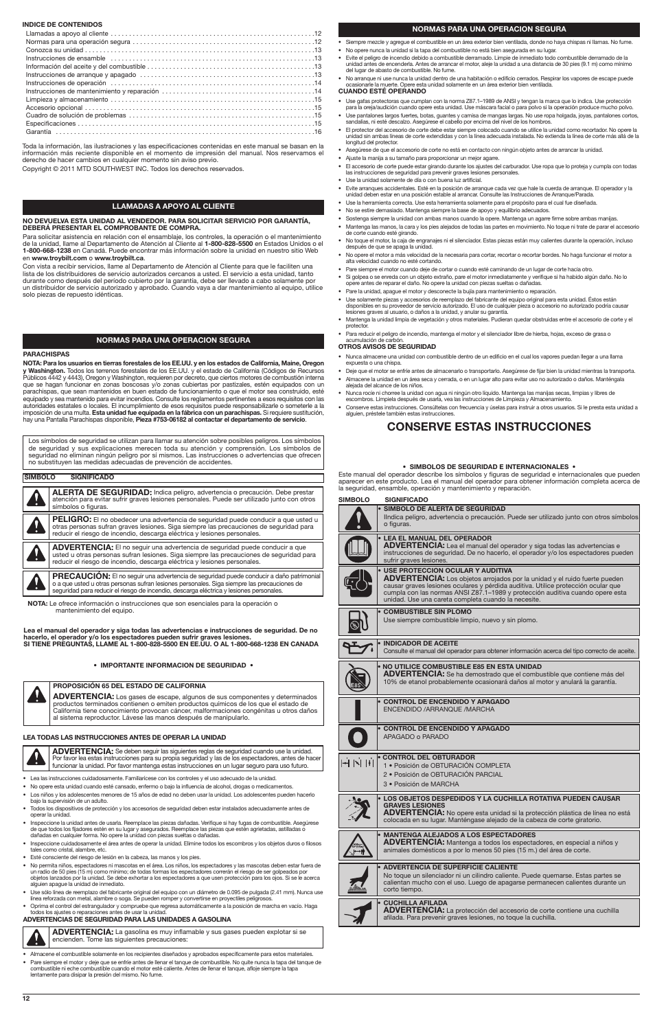 Conserve estas instrucciones | Troy-Bilt 2-Cycle Trimmer TB2040 XP User Manual | Page 12 / 16