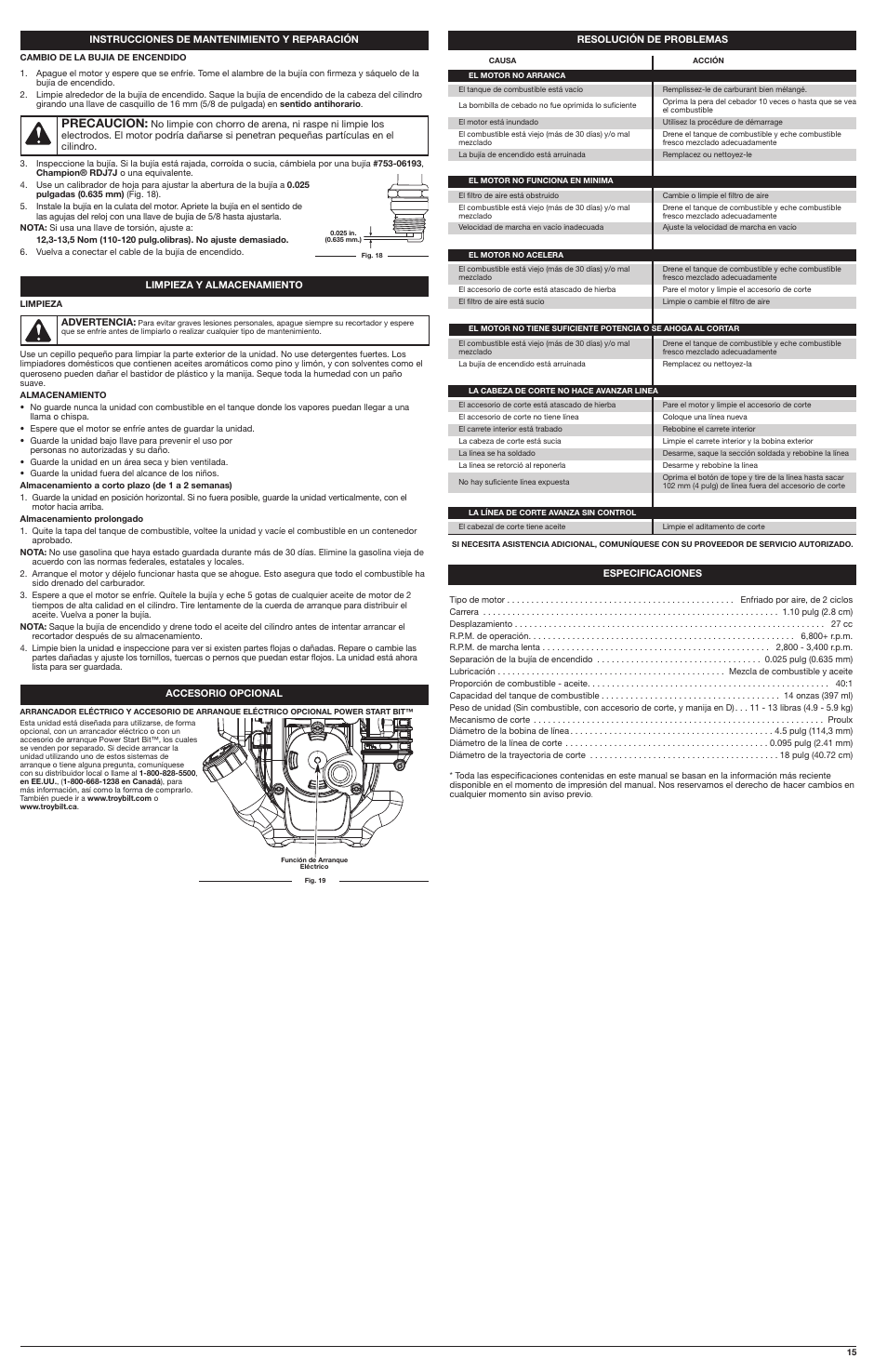 Precaucion | Troy-Bilt 2-Cycle Trimmer TB2040 XP User Manual | Page 15 / 16