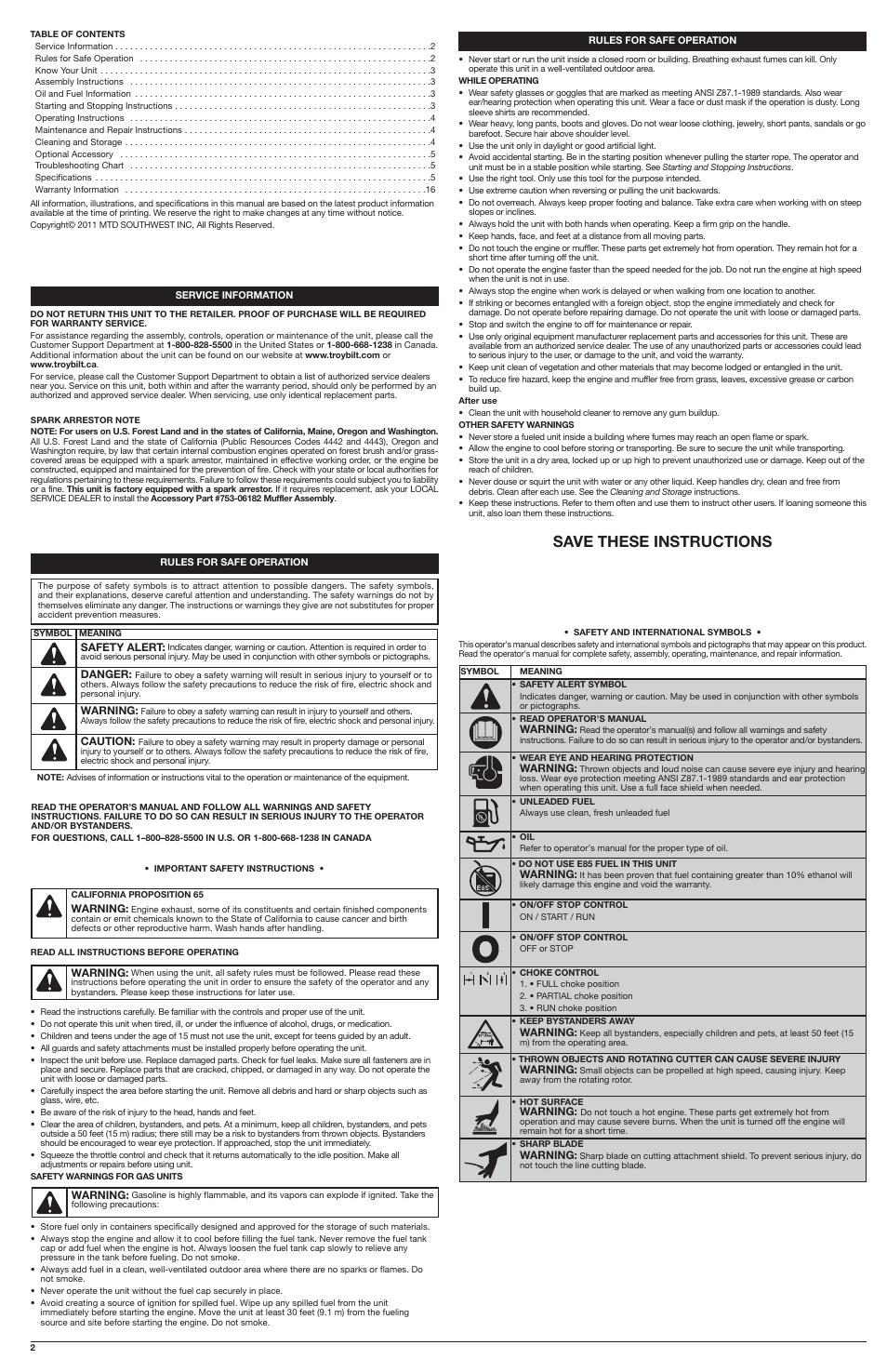 Save these instructions | Troy-Bilt 2-Cycle Trimmer TB2040 XP User Manual | Page 2 / 16