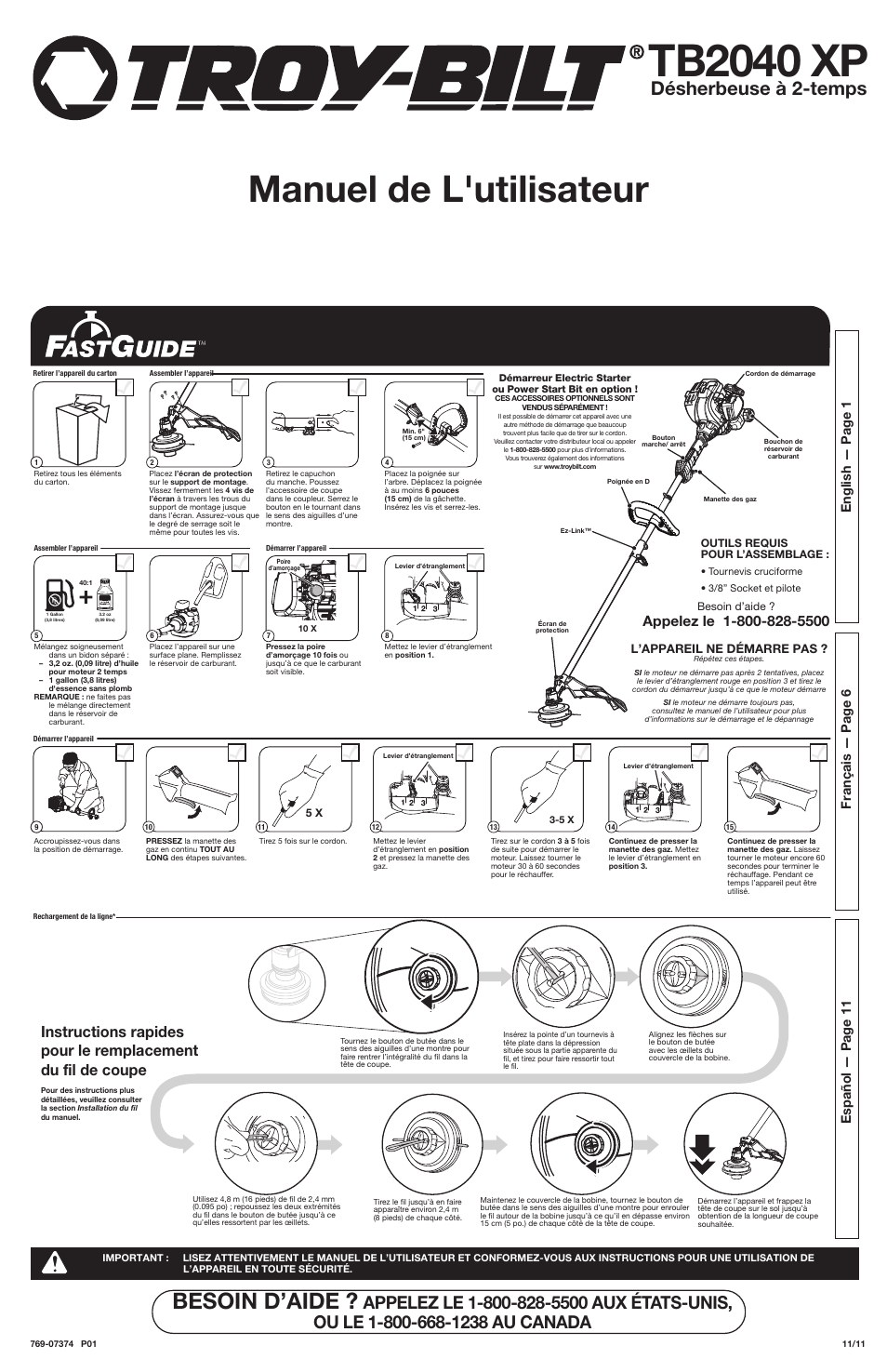 Tb2040 xp, Manuel de l'utilisateur, Besoin d’aide | Désherbeuse à 2-temps | Troy-Bilt 2-Cycle Trimmer TB2040 XP User Manual | Page 6 / 16