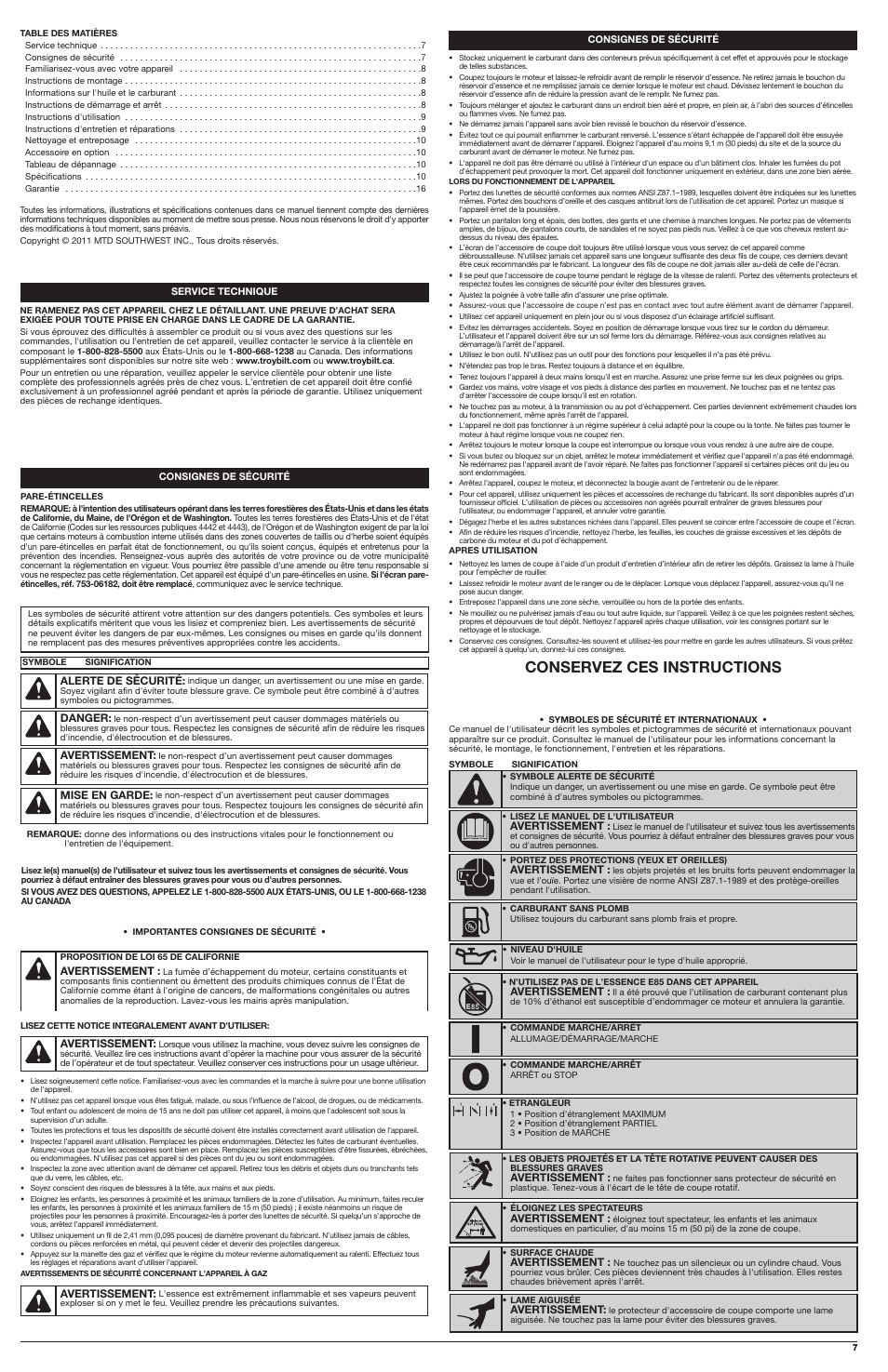 Conservez ces instructions | Troy-Bilt 2-Cycle Trimmer TB2040 XP User Manual | Page 7 / 16