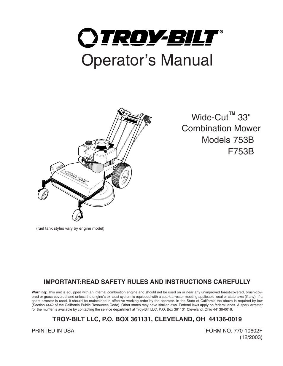 Troy-Bilt 753B User Manual | 32 pages
