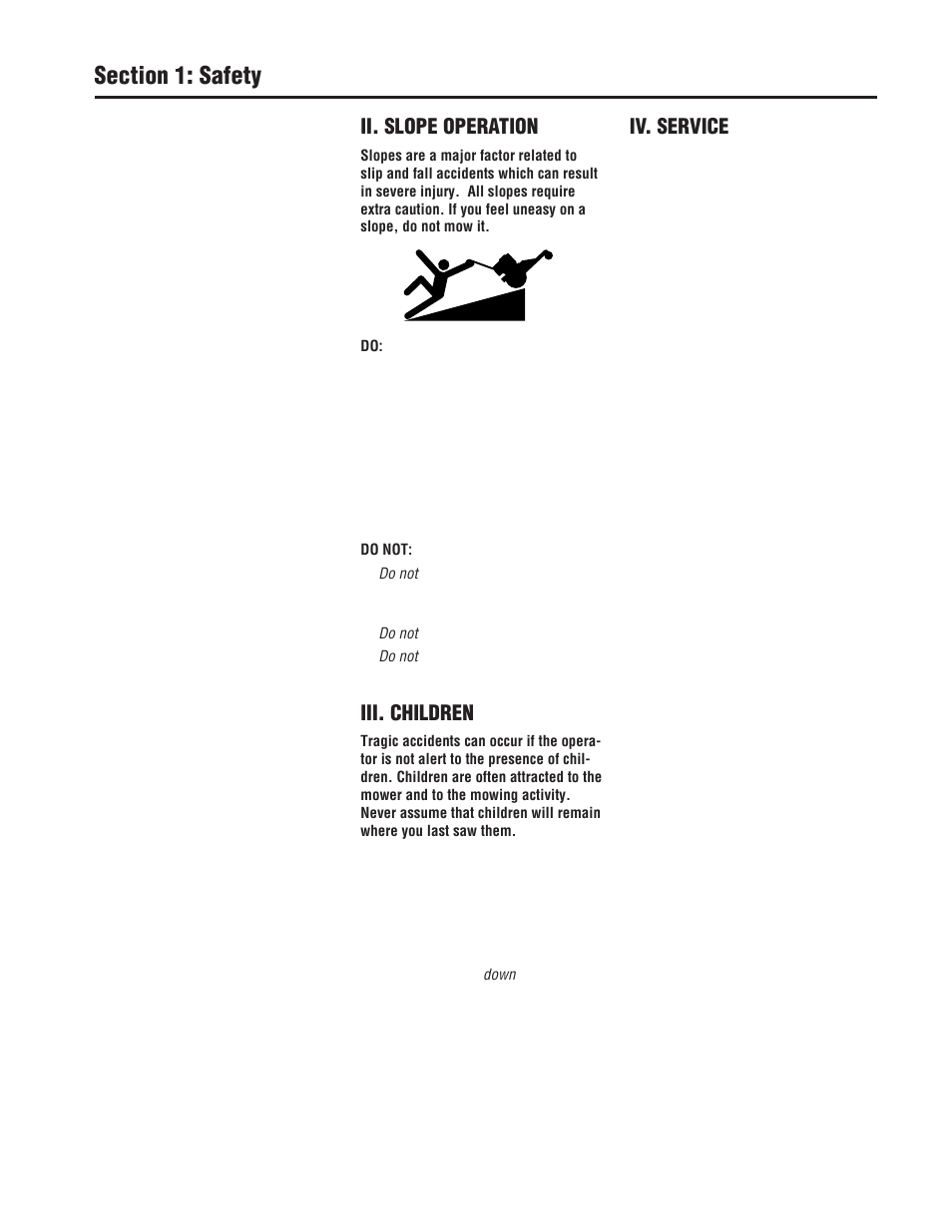 Ii. slope operation, Iii. children, Iv. service | Troy-Bilt 753B User Manual | Page 4 / 32