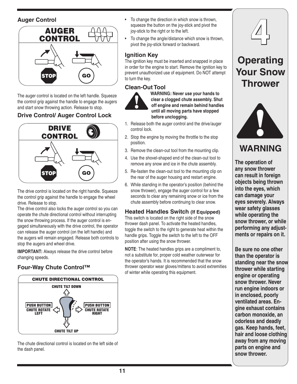 Operating your snow thrower, Warning | Troy-Bilt 31AE6GKF500 User Manual | Page 11 / 56