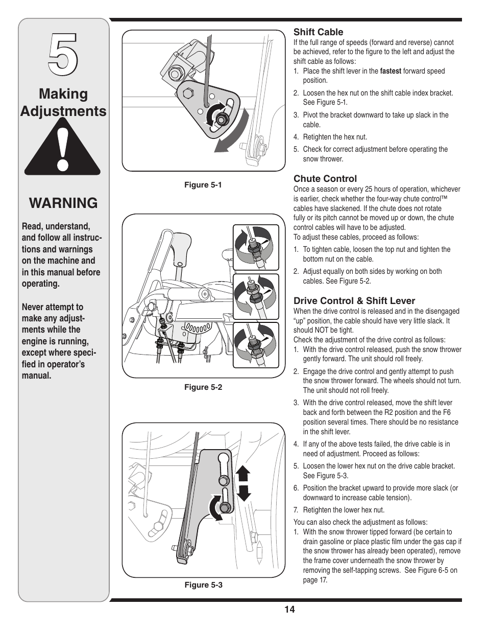 Making adjustments, Warning | Troy-Bilt 31AE6GKF500 User Manual | Page 14 / 56