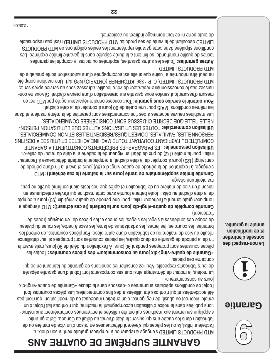 Garantie, Garantie suprême de qu atre ans | Troy-Bilt 31AE6GKF500 User Manual | Page 35 / 56